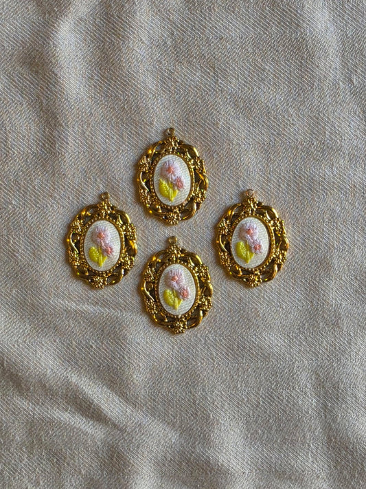 Hand embroidered flower framed pendants charm(stainless)