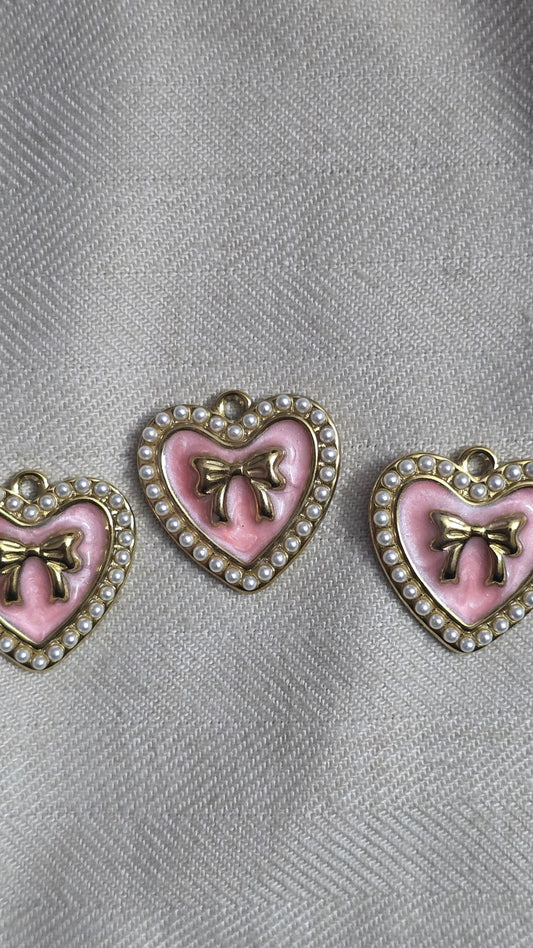 Pink heart bow charm (stainless)